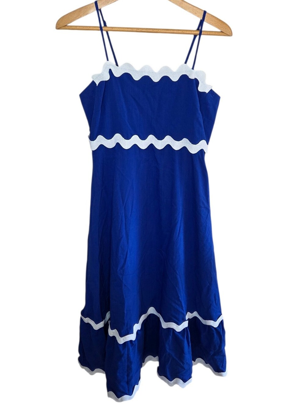 Cobalt Royal Blue Rickrack Scalloped Midi Dress Spaghetti Straps Size Small